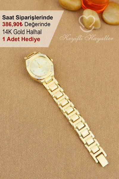 Keyifli Hayaller Gold Krem Kadran Klasik Model Kadın Kol Saati - 14K Gold Halhal Hediyeli
