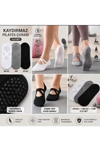3'LÜ SET KAYDIRMAZ SİLİKON TABANLI DİKİŞSİZ PENYE PİLATES&YOGA ÇORABI (35-39 BEDEN)