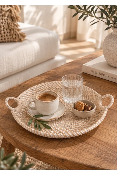Lessio Home صينية تقديم روفينا راتان بمقابض، صينية زخرفية مصنوعة يدويًا، مقاس 25x20x3 سم