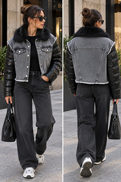 Genel Markalar Kadın siyah puffer çıkarılabilir peluş kürk yakalı jean mont
