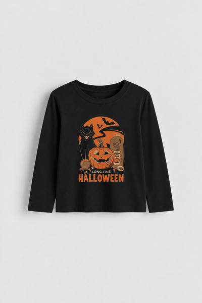 cesita Halloween Halloween Ghost Printed Black Crew Neck Tricou cu mânecă lun...