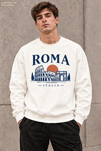 caddekombin Men's Roma Italia Written and Printed Crew Neck Casual Regular Fi...