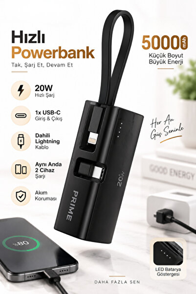 CROW'S TECH 5000 mAh Powerbank 20W PD Hızlı Şarj Dahili Lightning Kablolu USB...