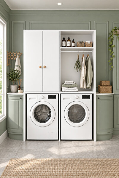 tino furniture Çamaşır ve Kurutma Makinesi Dolabı 2 Kapaklı Raflı Askılı Beya...
