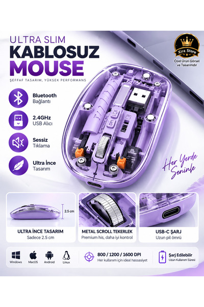 XİRA Şeffaf Manyetik Kapaklı Bluetooth 2.4 GHz Kablosuz Şarjlı Sessiz Mouse USB-C 800-1600 DPI