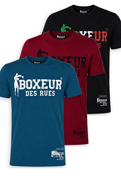 Boxeur Des Rues Pachet de 3 tricouri bărbătești slim-fit: Albastru/Alb + Bord...
