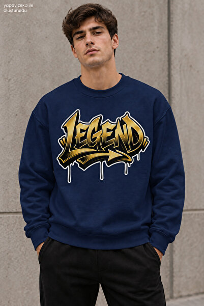 caddekombin Men's Yellow Black Graffiti Lettering Legend Printed Crew Neck Ca...