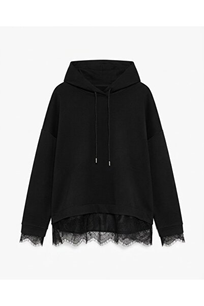 Bade Butik Siyah Dantelli Kapüşonlu Sweat