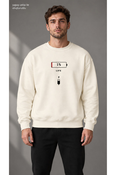 caddekombin Men's Low Battery Icon and 1% Life Text Printed Crew Neck Casual ...