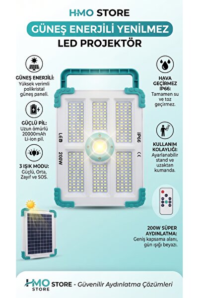 HMO Store 20 Bin Power Bank + Güneş Enerjili 200W IP66 Su Geçirmez Uzaktan Ku...