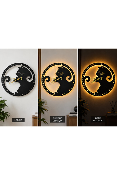 WELLSWEAR Modern Dekoratif Duvar Saati 40x40 cm Siyah MDF Ahşap Kedi Tasarım ...