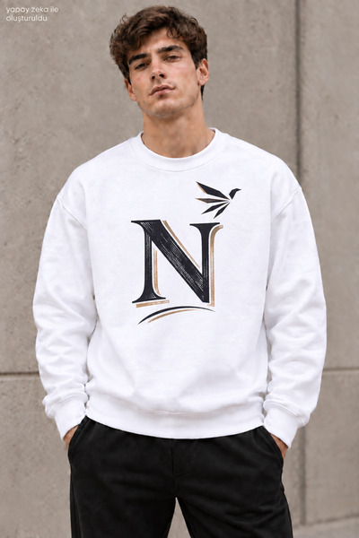 caddekombin Men's Black Golden Yellow N Letter Typography Printed Crew Neck C...