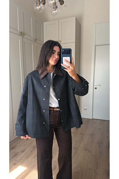 Bade Butik Lacivert Kadife Yaka Ekoseli Ceket