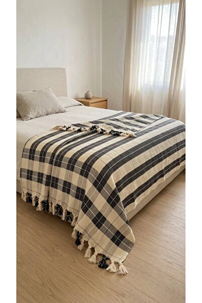 DNRYSL %100 Pamuk Karatezgah Dokuma Çift Kişilik Pike 200x240 Cm Kareli Saçak...