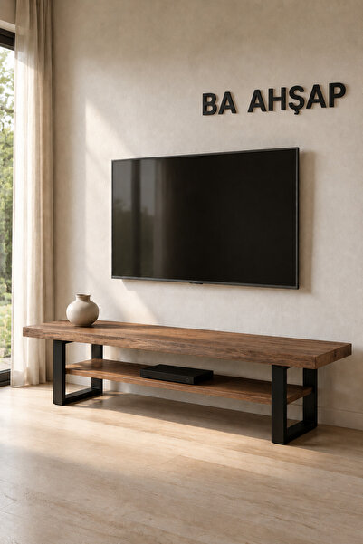 BA AHŞAP Metal Ayaklı Ceviz Renk Çam Raflı TV Ünitesi 200x50x35_PP1-01