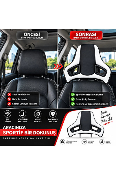 carlone Universal Araç Koltuk Kafalığı Spor Yarış Tipi Lüx Deri Oto Başlık-Beyaz