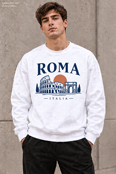caddekombin سويت شيرت رجالي من Roma Italia بياقة دائرية وطباعة مكتوبة، مناسب ...