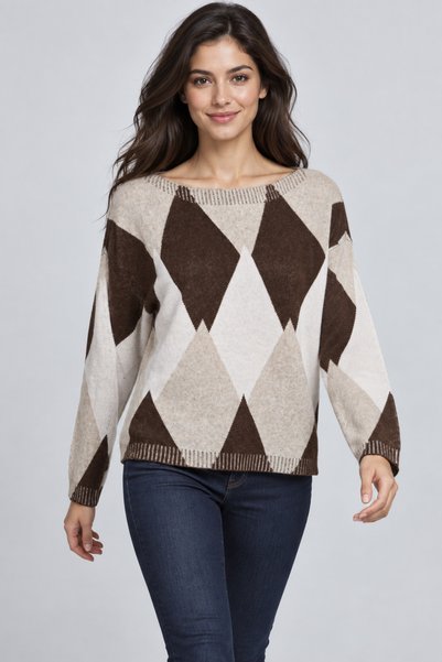 ABBRA Women's Diamond Patterned Boat Neck Knit Sweater