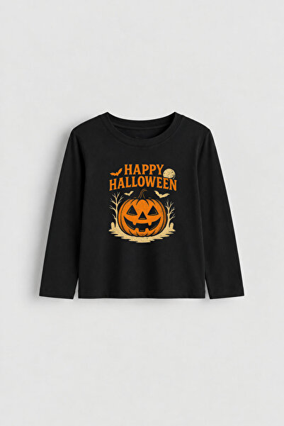 cesita Halloween Halloween Ghost Printed Black Crew Neck Tricou cu mânecă lun...
