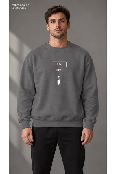 caddekombin Men's Low Battery Icon and 1% Life Text Printed Crew Neck Casual ...