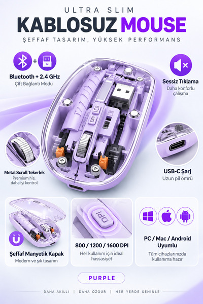 XİRA Şeffaf Manyetik Kapaklı Bluetooth 2.4 GHz Kablosuz Şarjlı Sessiz Mouse USB-C 800-1600 DPI