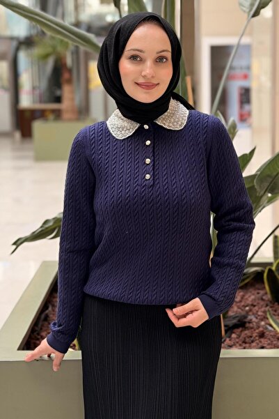 Ghisa Pearl Embroidered Collar Knitted Patterned Knitwear Tunic