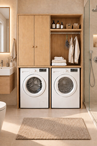 tino furniture Çamaşır ve Kurutma Makinesi Dolabı 2 Kapaklı Raflı Askılı Meşe...