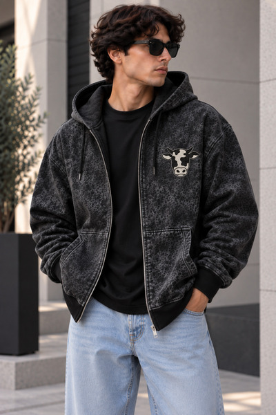 LUNAVISTA Erkek Oversize Baskılı Kapüşonlu Fermuarlı Sweatshirt Ceket Yıkamal...