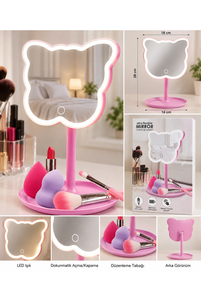 Mirror Ayıcık Figürlü LED Işıklı Makyaj Aynası – Pembe