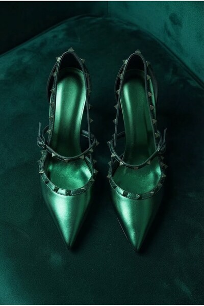 ShoeTek Tewan Women's Heeled Shoes Thin Heel with Side Pin Strap Green Leather