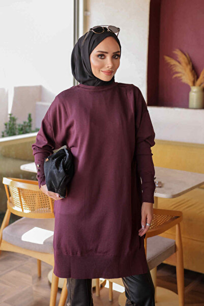 İmajButik Mürdüm Kol Düğmeli Soğuk İplik Triko Tunik