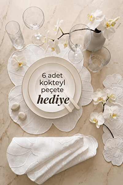 MERİLOYA HOME Daisy Patterned Embroidered Stain-Resistant 6-Piece Tableware S...