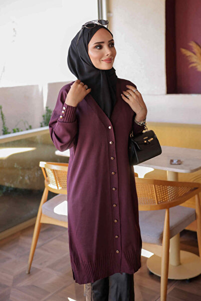 İmajButik Plum Buttoned Cold Yarn Knitwear Cardigan