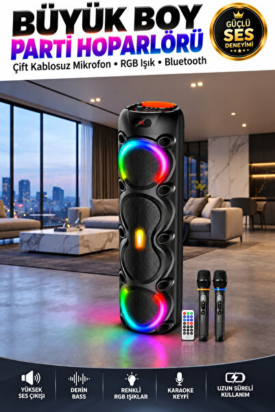 Maybax Büyük Boy Şarjlı Bluetooth Parti Hoparlörü Çift Kablosuz Mikrofon RGB Işıklı Karaoke USB TF AUX FM Radyolu
