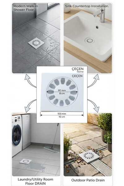 ÇEÇEN HOME 1 adet 10x10 cm Kare Beyaz Plastik Yer Sifonu Banyo Gider Kapağı, ...