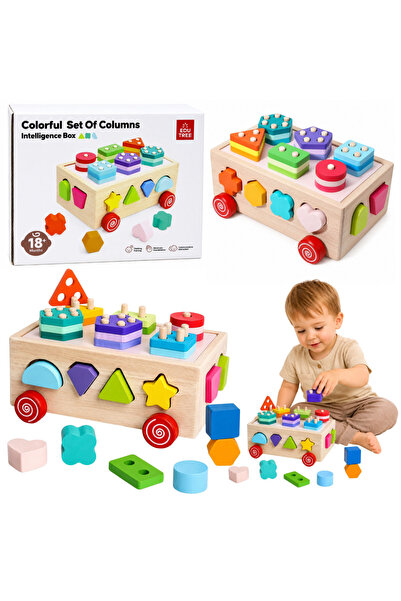 LEAN Puzzle Montessori educativ din lemn, sortator pe roți, cu forme și numere