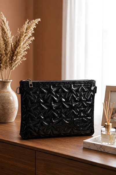İmajButik Τσάντα Clutch & Portfolio με Κεντητό Λουράκι Μαύρο Αστέρι