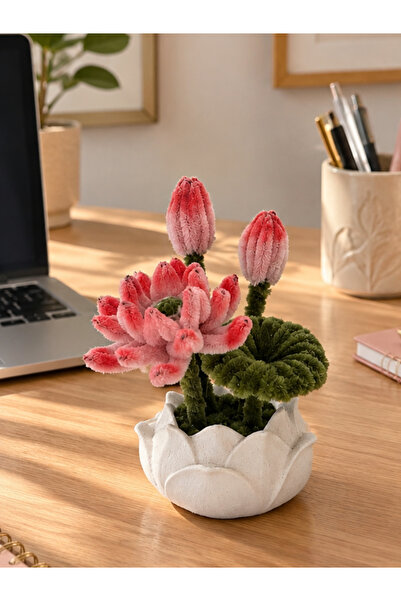Crystal Coza Saksıda Şönil Mini Lotus Çiçeği – El Yapımı Dekoratif Yapay Çiçe...