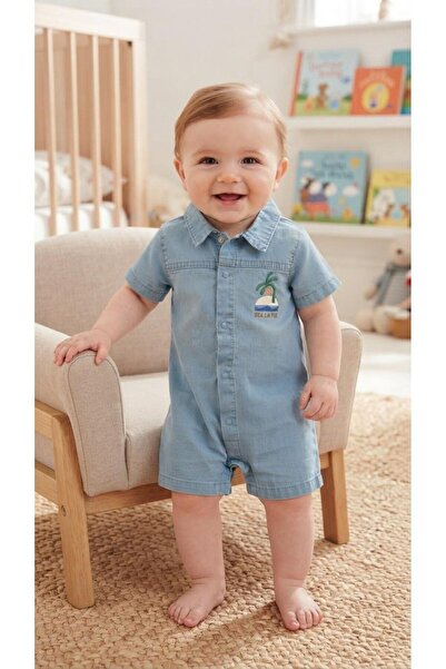 Sinem Çeyiz Ncxs 252278 Palm Tree Printed Half Sleeve Denim Overalls Salopet