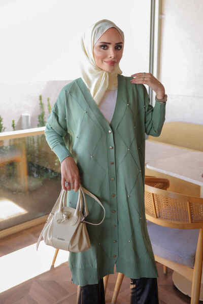 İmajButik Mint Green Stoned Cold Yarn Knitwear Cardigan