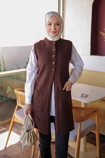 İmajButik Brown Bow Buttoned Felt Vest