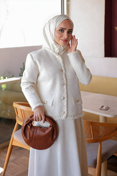 İmajButik Cream Tassel Detailed Angora Knitwear Cardigan
