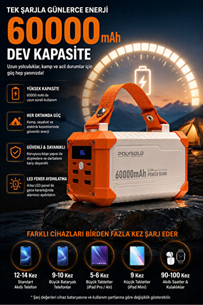 Mmctech 60000 mAh Powerbank 22.5W PD Hızlı Şarj 4 USB Çıkış Type-C Micro USB LED Ekranlı Fenerli Kamp Powerbank