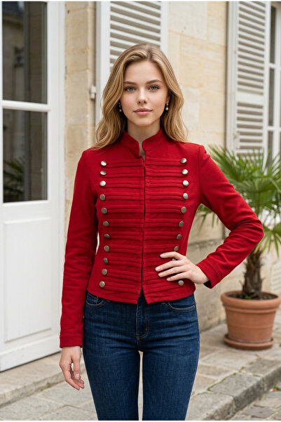 oyagüler Women's Red Military Bando Style Unlined Gabardine Short Coat Jacket...