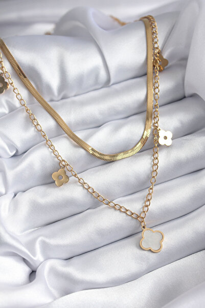 Mega Bazaar 316L Steel Gold Color 2-Piece Italian Chain Model White Clover Fi...