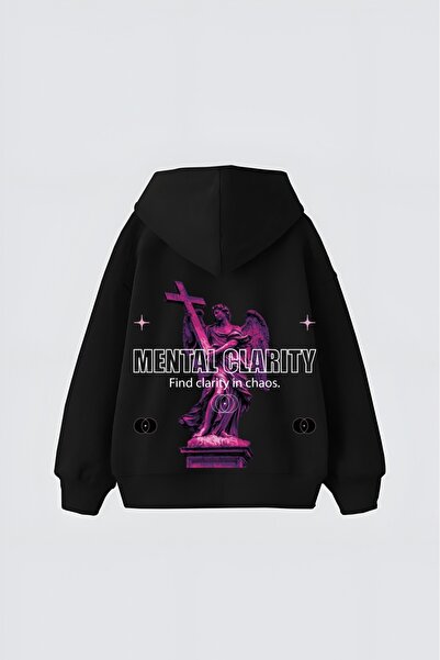 LADY HAZAL Black Unisex Mental Clarity Printed Hooded Oversize Patterned Fabr...