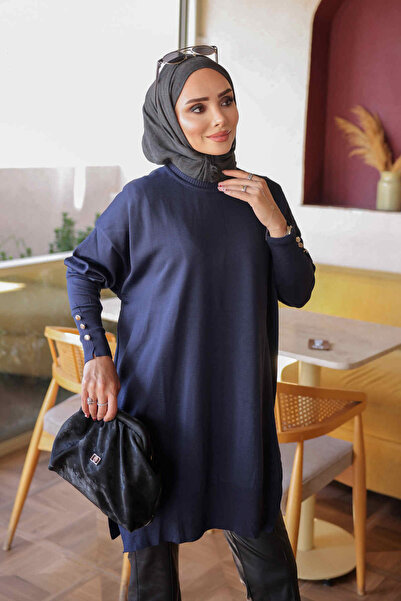 İmajButik Navy Blue Cold Yarn Knitwear Tunic with Cufflinks