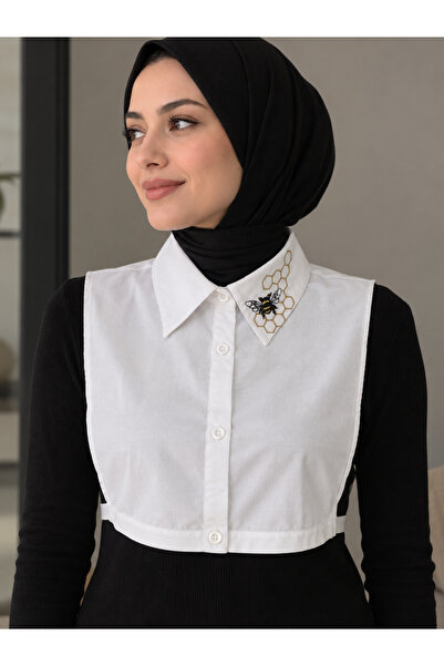 mirach Bee Embroidered Fake Shirt Collar White - Inside Sweater Collar, Low-C...