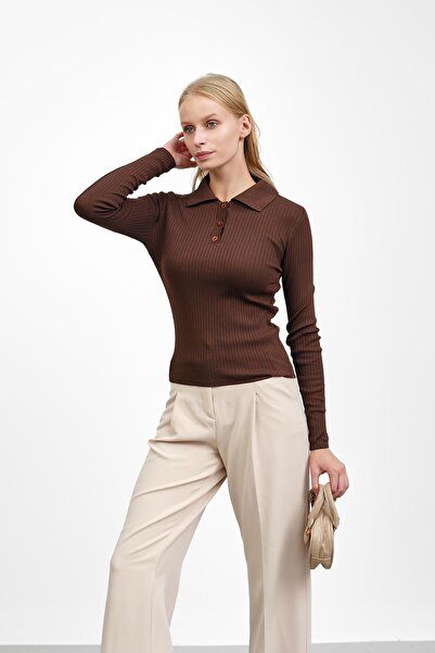 İmajButik Brown Ribbed Polo Neck Knitwear Bodysuit Sweater