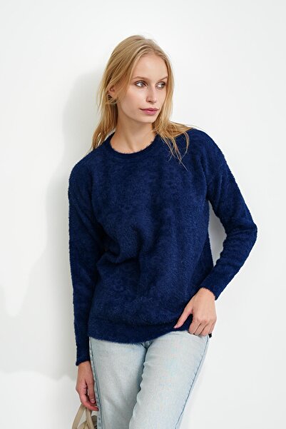 İmajButik Navy Blue Crew Neck Angora Soft Knit Sweater
